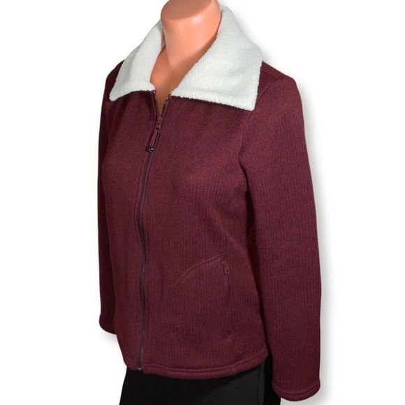 TALBOTS Preppy Classic Fleece Zip Up Jacket Retro Red Wine Burgundy Small Petite - Picture 3 of 10